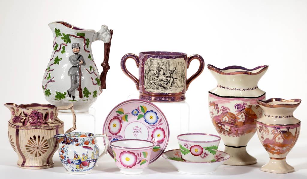 ASSORTED ENGLISH PINK LUSTRE CERAMIC ARTICLES, LOT OF: ASSORTED ENGLISH PINK LUSTRE CERAMIC ARTICLES, LOT OF TEN, including a jug/pitcher featuring relief hand-painted standing Confederate soldier, having ribbon impressed "THE VOLUNTEER RIFLE CORPS" below