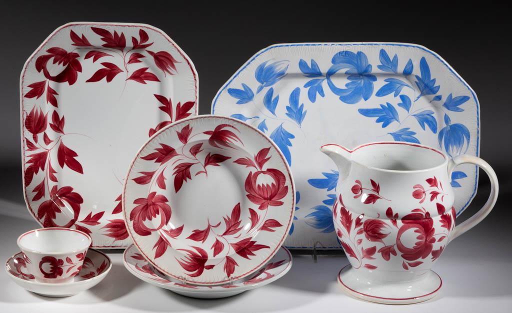ENGLISH HAND-PAINTED FLORAL IRONSTONE TABLE ARTICLES,: ENGLISH HAND-PAINTED FLORAL IRONSTONE TABLE ARTICLES, LOT OF SIX, each having maroon Adams' Rose-type design, comprising a rectangular platter, a pitcher/jug, two 9 1/2" D soup plates, and a cup and s