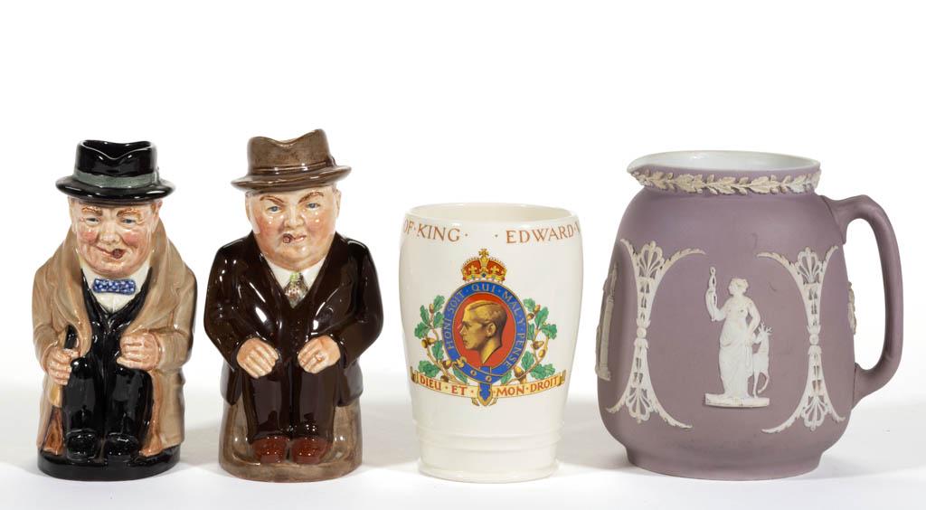 ASSORTED ENGLISH CERAMIC ARTICLES, LOT OF FOUR: ASSORTED ENGLISH CERAMIC ARTICLES, LOT OF FOUR, comprising two figural Royal Doulton Toby jugs, each smoking a cigar and wearing a suit, one having printed mark "WINSTON CHURCHILL" and one having "GRE
