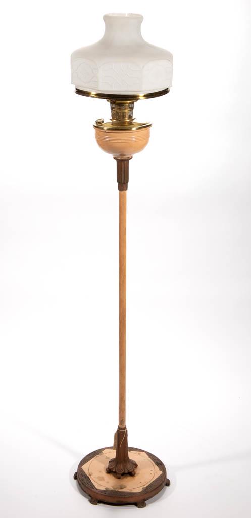 ALADDIN MODEL B-278 KEROSENE FLOOR LAMP: ALADDIN MODEL B-278 KEROSENE FLOOR LAMP, Rose lacquer, domed font vase with a plain central pole having a ribbed and foliate top and bottom connector, leading to a circular foot with six feet, signed 
