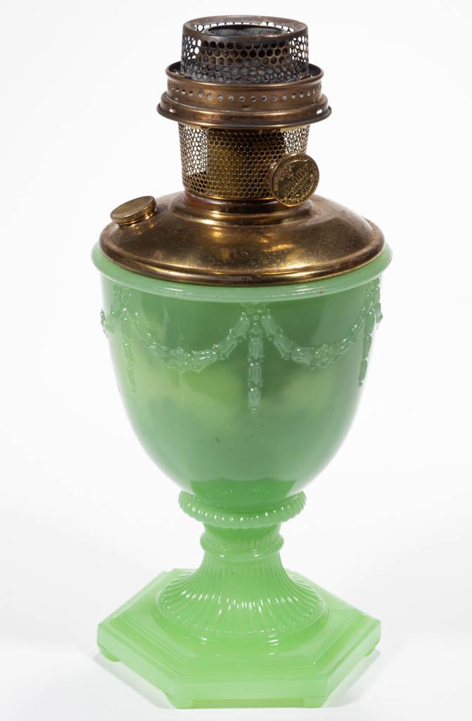ALADDIN MODEL NO. 185 / FLORENTINE KEROSENE VASE LAMP: ALADDIN MODEL NO. 185 / FLORENTINE KEROSENE VASE LAMP, Jade Green Moonstone, urn-form vase with drapery around the bowl retaining around half of the interior paint, ribbed and waisted standard, hexago