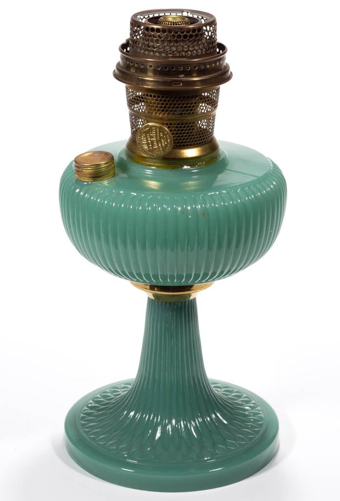 ALADDIN MODEL B-92 / VERTIQUE KEROSENE TABLE LAMP: ALADDIN MODEL B-92 / VERTIQUE KEROSENE TABLE LAMP, Jade Green Moonstone, plain brass connector, radial groove collar, side-refill feature with later attached brass refill collar and cap. Fitted with a
