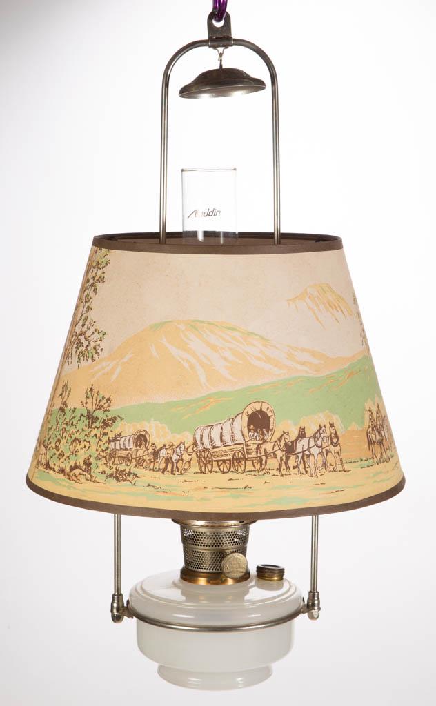 ALADDIN MODEL B-201 KEROSENE HANGING LAMP: ALADDIN MODEL B-201 KEROSENE HANGING LAMP, nickel hanging rigging with original smoke bell. Fitted with a White Moonstone font having a crimped collar, nickel Model B "CHICAGO" burner with correct fla