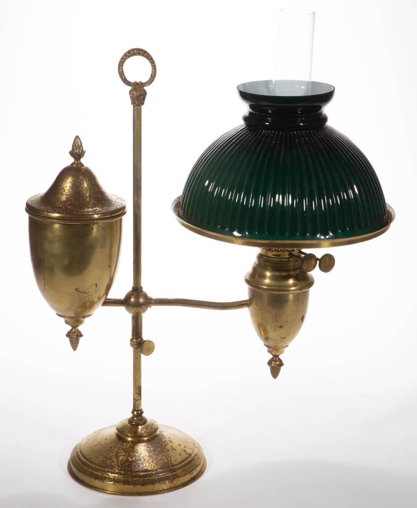 BRADLEY & HUBBARD BRASS SINGLE-ARM KEROSENE STUDENT: BRADLEY & HUBBARD BRASS SINGLE-ARM KEROSENE STUDENT LAMP, Emeralite cased emerald green Narrow Straight Rib shade, adjustable on central pole, acorn-form font vase with correct font tank, each having