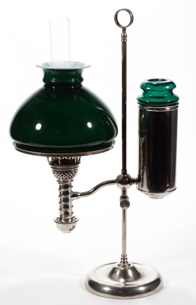 MANHATTAN "PERFECTION" SINGLE-ARM NICKEL KEROSENE: MANHATTAN "PERFECTION" SINGLE-ARM NICKEL KEROSENE STUDENT LAMP, Emeralite opal cased emerald green domed shade, central pole with a weighted base, vertical font vase, horizontal arm supporting and thr