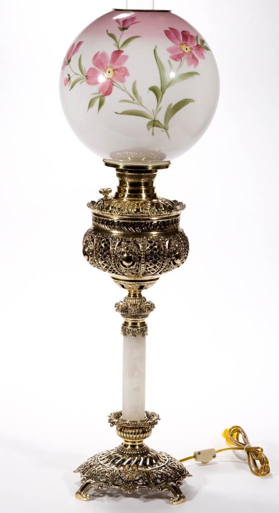 VICTORIAN CAST-METAL AND ALABASTER KEROSENE BANQUET: VICTORIAN CAST-METAL AND ALABASTER KEROSENE BANQUET LAMP, opaque white ball shade with polychrome-enamel floral decoration, openwork Gothic medallion panels font vase with brass drop-in font, figural 