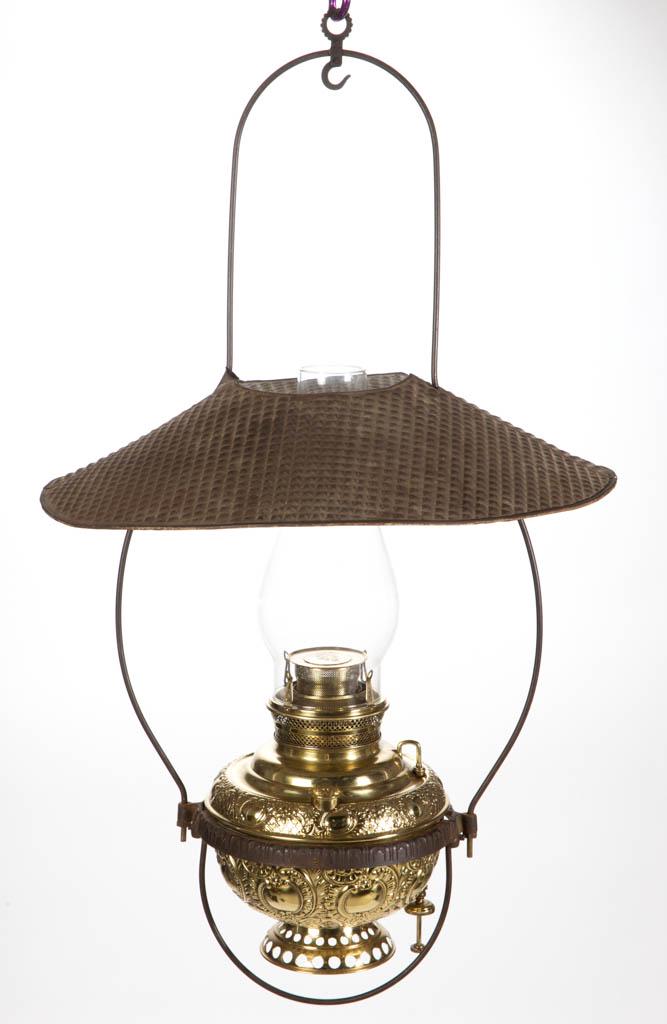 MILLER METEOR NO. 3 BRASS KEROSENE HANGING LAMP: MILLER METEOR NO. 3 BRASS KEROSENE HANGING LAMP, large font tank with embossed scrolling medallions motif having a side refill feature and wick riser, embossed "THE MILLER LAMP" to the top of the shou