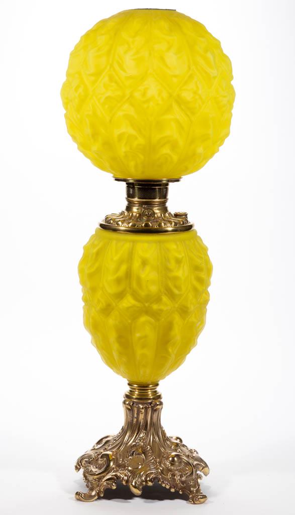 CONSOLIDATED IMPERIAL / DIAMOND DRAPE KEROSENE GONE: CONSOLIDATED IMPERIAL / DIAMOND DRAPE KEROSENE GONE WITH THE WIND / PARLOR LAMP, lemon yellow satin, matching pattern ball-form shade with heat ring, rare cast-brass tall base with a weighted plate to