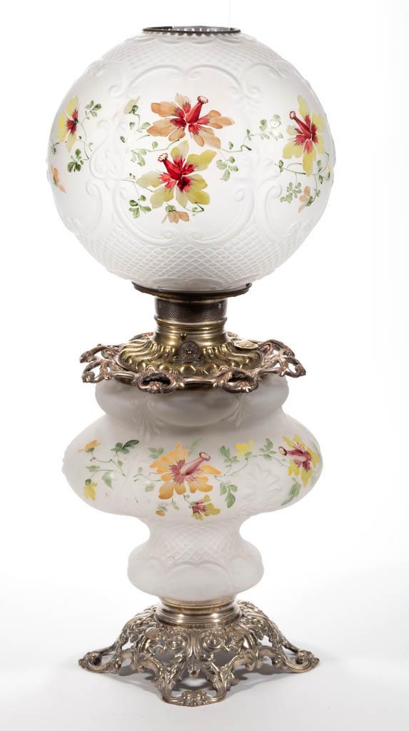 CONSOLIDATED OXFORD KEROSENE GONE WITH THE WIND /: CONSOLIDATED OXFORD KEROSENE GONE WITH THE WIND / PARLOR LAMP, frosted colorless with polychrome-enamel hibiscus flowers, matching pattern ball-form shade, complex waisted font vase with cast-metal sp