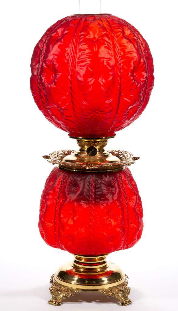 PITTSBURGH BUTTON TUFT / SUNKEN HOLLYHOCK KEROSENE GONE: PITTSBURGH BUTTON TUFT / SUNKEN HOLLYHOCK KEROSENE GONE WITH THE WIND / PARLOR LAMP, Ruby satin, matching pattern ball shade, brass connector, original brass foot with medallion feet, original brass s