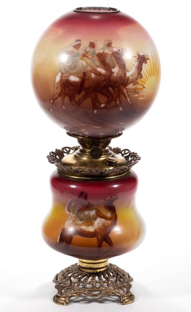 PITTSBURGH SHEIKS OF THE DESERT KEROSENE GONE WITH THE: PITTSBURGH SHEIKS OF THE DESERT KEROSENE GONE WITH THE WIND / PARLOR LAMP, opal-decorated Arab scene, matching ball-form shade depicting three men riding camels, waisted font vase depicting a man ridi