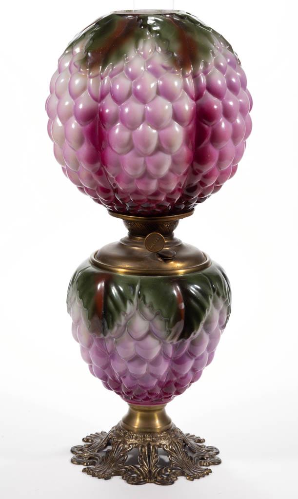 PITTSBURGH ARTICHOKE / BERRY KEROSENE GONE WITH THE: PITTSBURGH ARTICHOKE / BERRY KEROSENE GONE WITH THE WIND / PARLOR LAMP, Grape Opal Decorated, matching pattern ball shade, brass base connector, metal openwork lion's claw and foliate foot. Fitted wit