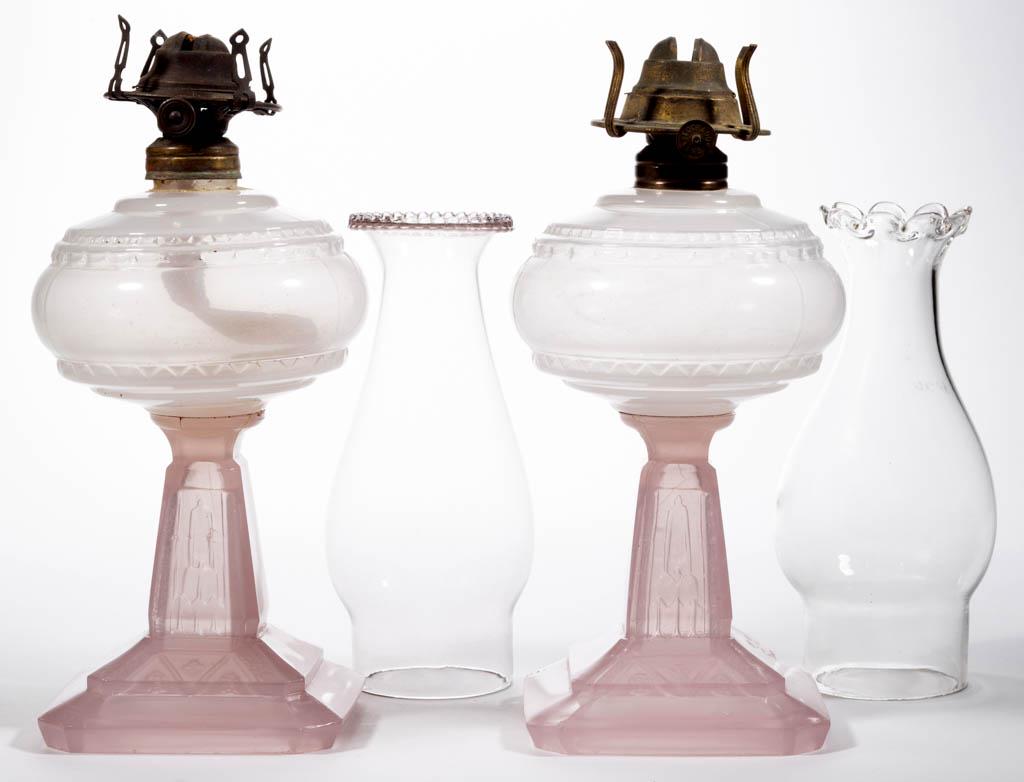 ATTERBURY STAR PAIR OF KEROSENE STAND LAMPS: ATTERBURY STAR PAIR OF KEROSENE STAND LAMPS, alabaster/clambroth fonts, translucent pink standards, each having a No. 1 Taplin-Brown collar. Each fitted with a period No. 1 slip burner, colorless slip