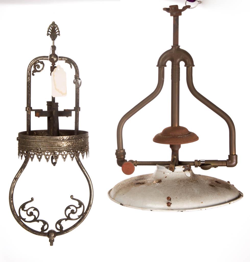 ASSORTED HOLLOW WIRE HANGING GAS LAMPS, LOT OF TWO: ASSORTED HOLLOW WIRE HANGING GAS LAMPS, LOT OF TWO, comprising an industrial-style example with makers metal label of the Standard Lighting System / Manufactured by the Standard Gillett Light, white e
