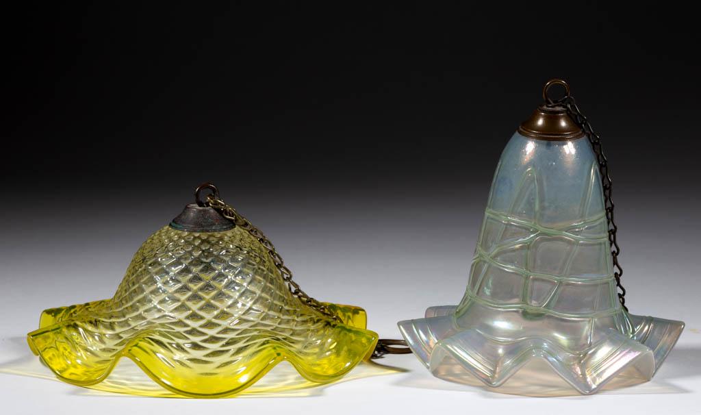 ASSORTED GLASS SMOKE BELLS, LOT OF TWO: ASSORTED GLASS SMOKE BELLS, LOT OF TWO, comprising a Bohemian art glass and a canary yellow with a Diamond-Quilt pattern, each with a period metal cap and hanging ring. Various makers. Late 19th/first
