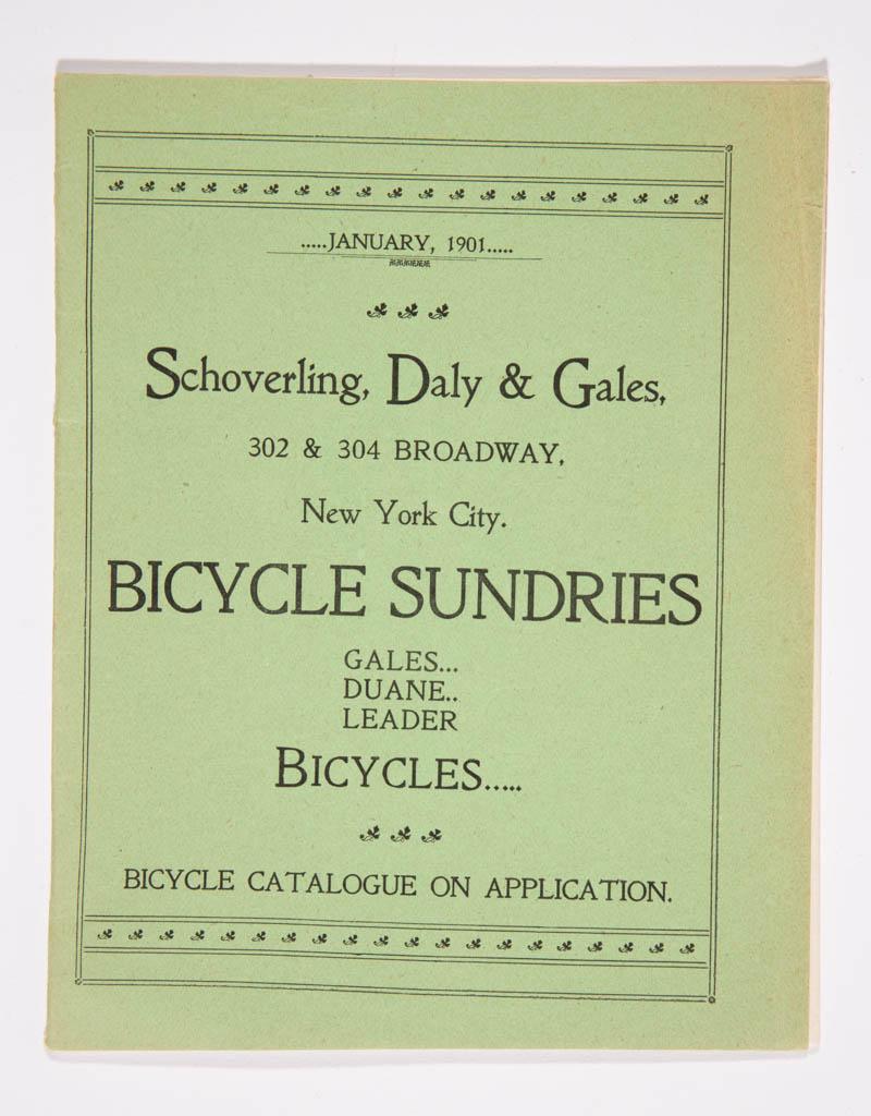 SCHOVERLING, DALY & GALES BICYCLE SUNDRIES DEALER /: SCHOVERLING, DALY & GALES BICYCLE SUNDRIES DEALER / TRADE CATALOGUE, 36 pages, featuring bicycle oil lamps on page 3, as well as acetylene gas lamps, dated 1901. Original issue. 1901. 6 1/4" x 5". Vir