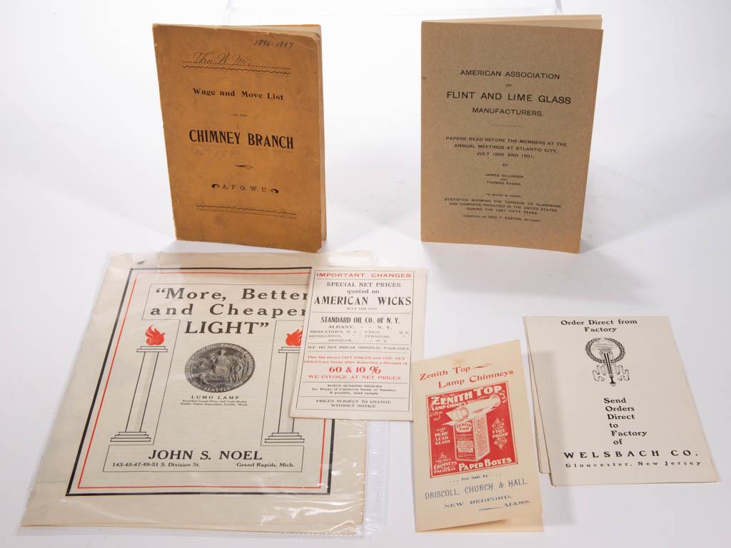 ASSORTED LAMP RELATED BROCHURES / CATALOGS, LOT OF SIX: ASSORTED LAMP RELATED BROCHURES / CATALOGS, LOT OF SIX, comprising a Welsbach Company Special Factory Shades brochure, an American Wicks brochure for Standard Oil Co., a Zenith Top Lamp Chimneys broch