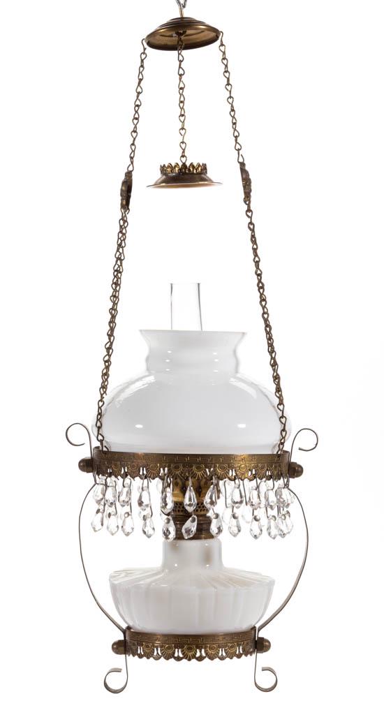 EMBOSSED PANEL AND RIB OPAQUE GLASS HANGING MINIATURE: EMBOSSED PANEL AND RIB OPAQUE GLASS HANGING MINIATURE LAMP, opaque white, compressed font with embossed panel and rib pattern to shoulder, opaque white umbrella-form shade, stamped brass frame with Gr