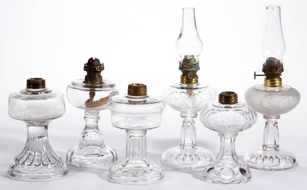 ASSORTED PATTERNED MINIATURE STAND LAMPS, LOT OF SIX: ASSORTED PATTERNED MINIATURE STAND LAMPS, LOT OF SIX, colorless including one with satin finish, including a Smith I, fig. 104; a Bullseye/Daisy/Smith II, fig. 412; a Riverside Rose/Smith II, fig. 160