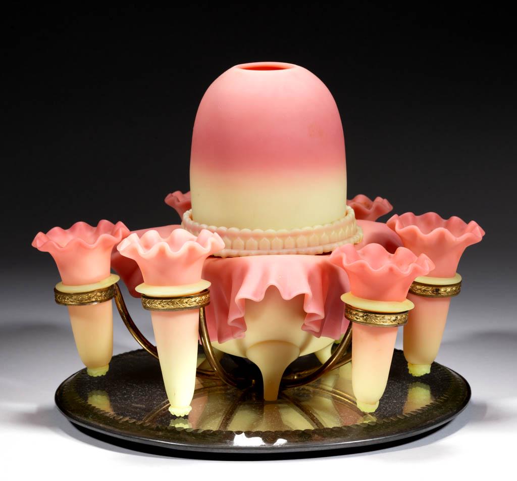 WEBB BURMESE EPERGNE FAIRY LAMP: WEBB BURMESE EPERGNE FAIRY LAMP, plush finish, fairy-size dome fitted in a Burmese marked Clarke lamp cup, resting in a tri-corner bowl with ruffled skirt-like rim raised on three applied feet, on a c