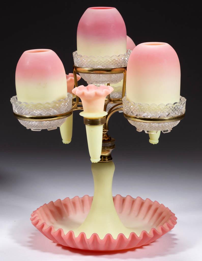WEBB BURMESE PEDESTAL EPERGNE FAIRY LAMP: WEBB BURMESE PEDESTAL EPERGNE FAIRY LAMP, plush finish, base with upturned pie-crust crimped rim topped by a brass screw connector and three-arm frame supporting four pyramid-size domes fitted in colo