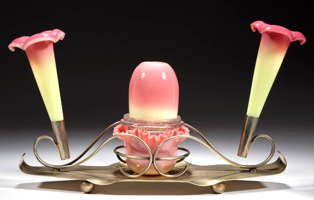 WEBB BURMESE EPERGNE FAIRY LAMP: WEBB BURMESE EPERGNE FAIRY LAMP, glossy finish, tray-like EPNS oblong stand raised on ball feet, supporting a central pyramid-size dome fitted in a colorless marked Clarke lamp cup resting on a crimpe