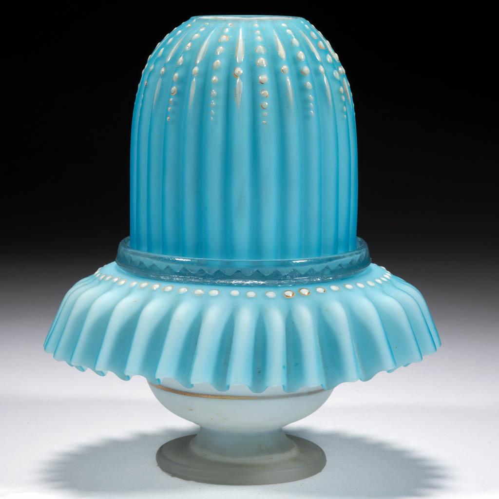 DECORATED CASED SATIN GLASS FAIRY LAMP: DECORATED CASED SATIN GLASS FAIRY LAMP, opal-cased robin's egg blue with white enamel beading, embossed rib fairy-size dome fitted in a colorless marked Clarke lamp cup, resting in a matching base wit