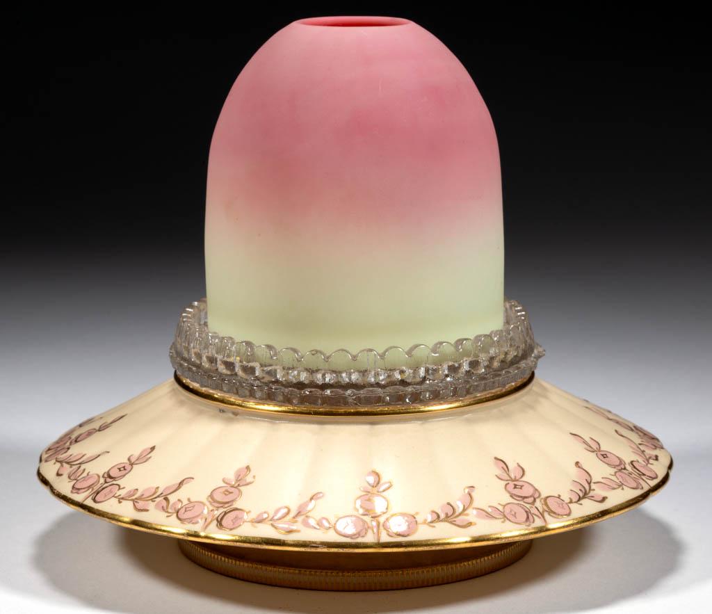 WEBB BURMESE AND ENGLISH CERAMIC FAIRY LAMP: WEBB BURMESE AND ENGLISH CERAMIC FAIRY LAMP, plush finish, fairy-size dome fitted in a colorless marked Clarke lamp cup with marked candle holder and candle, supported on a pink-enamel and gilt-decora