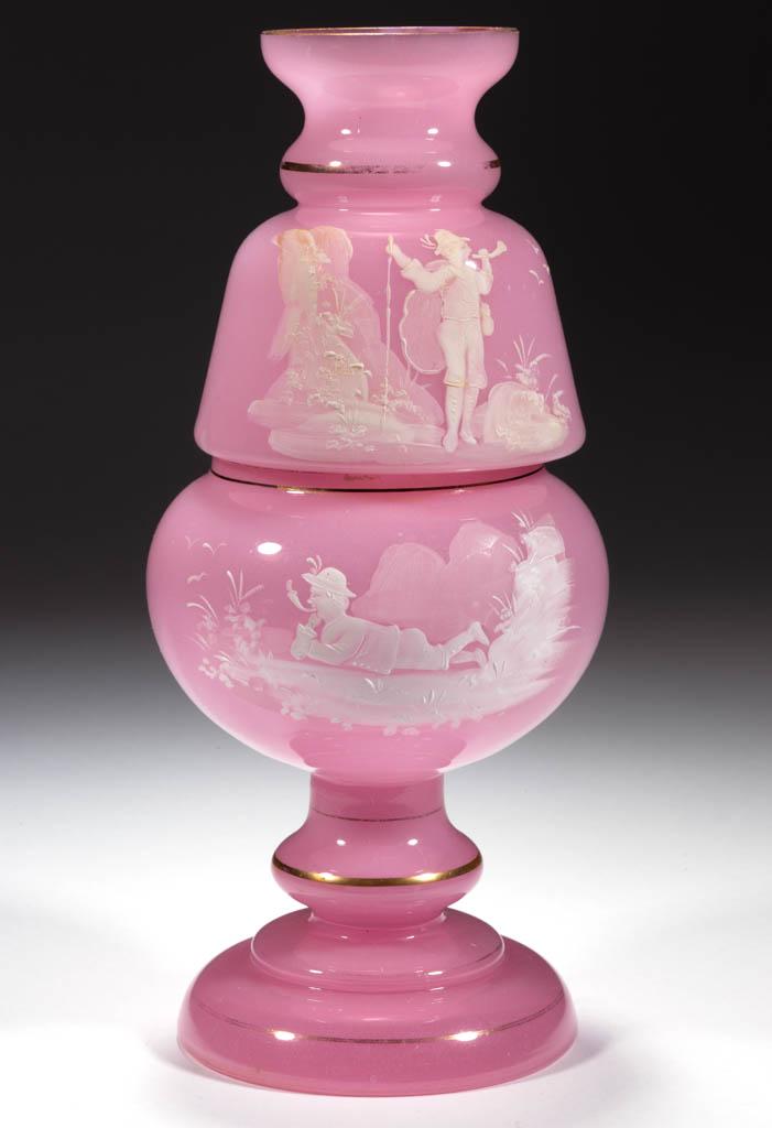 DECORATED OPALINE GLASS FAIRY LAMP ON STANDARD: DECORATED OPALINE GLASS FAIRY LAMP ON STANDARD, pink alabaster/clambroth with gilt decoration, dome and base with so-called Mary Gregory white-enamel decoration, base interior fitted with a pegged can