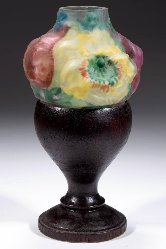 PAIRPOINT PUFFY FLORAL SHADE PEDESTAL CANDLE / FAIRY: PAIRPOINT PUFFY FLORAL SHADE PEDESTAL CANDLE / FAIRY LAMP, frosted colorless with polychrome reverse painting, shade with four poppies and leaves, raised on a turned mahogany pedestal base. No marking