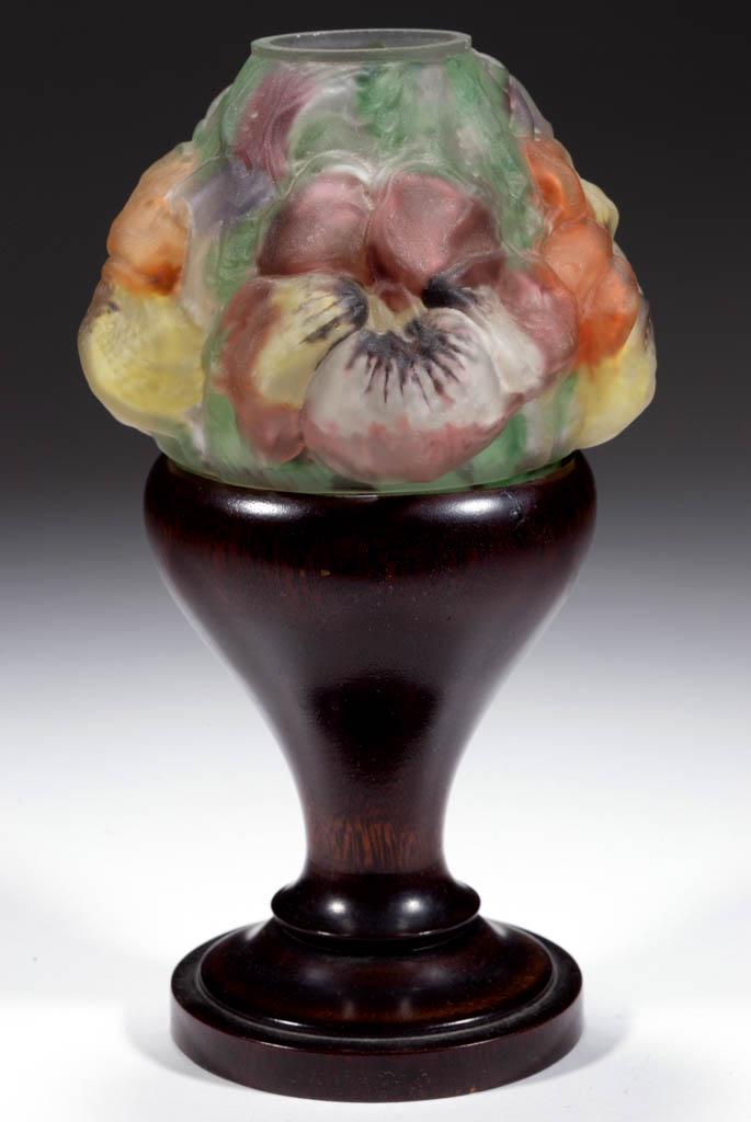 PAIRPOINT PUFFY FLORAL SHADE PEDESTAL CANDLE / FAIRY: PAIRPOINT PUFFY FLORAL SHADE PEDESTAL CANDLE / FAIRY LAMP, frosted colorless with polychrome reverse painting, shade with four pansies and leaves, raised on a turned mahogany pedestal base. No marking