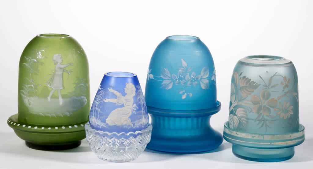 ASSORTED DECORATED SATIN GLASS FAIRY LAMPS, LOT OF FOUR: ASSORTED DECORATED SATIN GLASS FAIRY LAMPS, LOT OF FOUR, blue and green, each with white-enamel decoration, one pyramid-size and three fairy-size domes, comprising two with so-called Mary Gregory deco