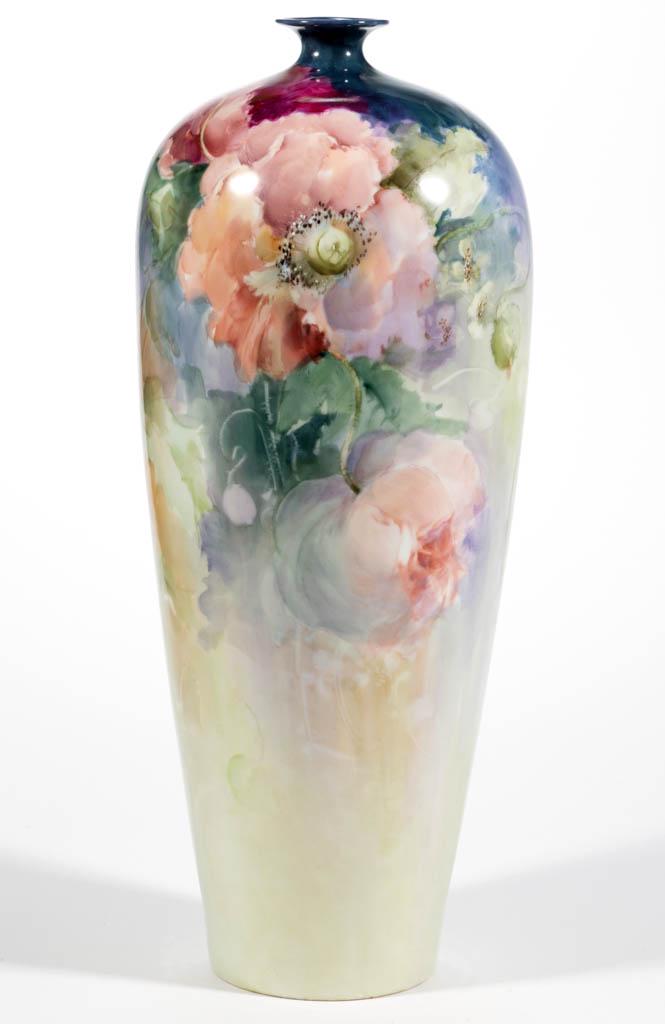 FRENCH LIMOGES HAND-PAINTED PORCELAIN VASE: FRENCH LIMOGES HAND-PAINTED PORCELAIN VASE, tall ovoid form with delicate mouth, featuring beautiful pastel polychrome floral design. William Guerin & Co., Limoges, France. 1891-1900. 13 3/4" H.Undama
