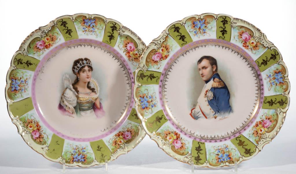 AUSTRIAN NAPOLEONIC PORCELAIN PAIR OF PLATES: AUSTRIAN NAPOLEONIC PORCELAIN PAIR OF PLATES, having central polychrome decal, one featuring "Napoleon" and one featuring "Josephine", each signed "CD", with polychrome hand-painted floral decorations