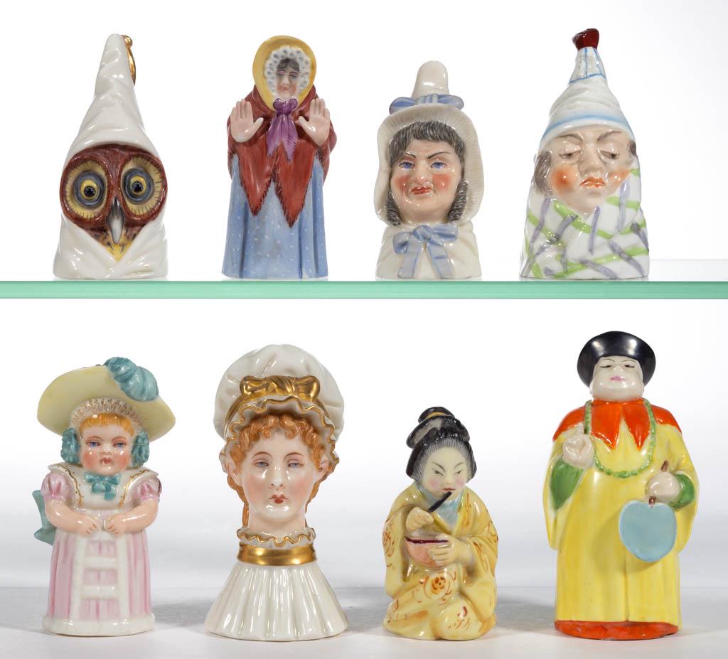 ENGLISH ROYAL WORCESTER PORCELAIN FIGURAL CANDLE: ENGLISH ROYAL WORCESTER PORCELAIN FIGURAL CANDLE SNUFFERS, LOT OF EIGHT, each having hand-painted polychrome decoration, including one "Mr. Caudle" example featuring an old man wearing a sleeping cap 