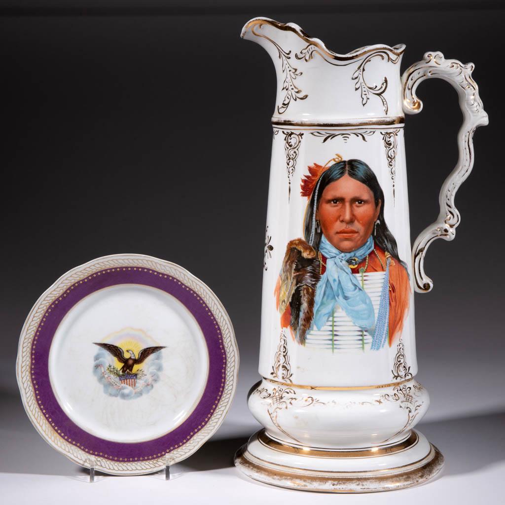 ASSORTED AMERICAN-THEMED CERAMIC TABLE ARTICLES, LOT OF: ASSORTED AMERICAN-THEMED CERAMIC TABLE ARTICLES, LOT OF TWO, comprising a 7 3/4" D reproduction Abraham Lincoln White House Service plate featuring a central spread-wing American eagle atop an America