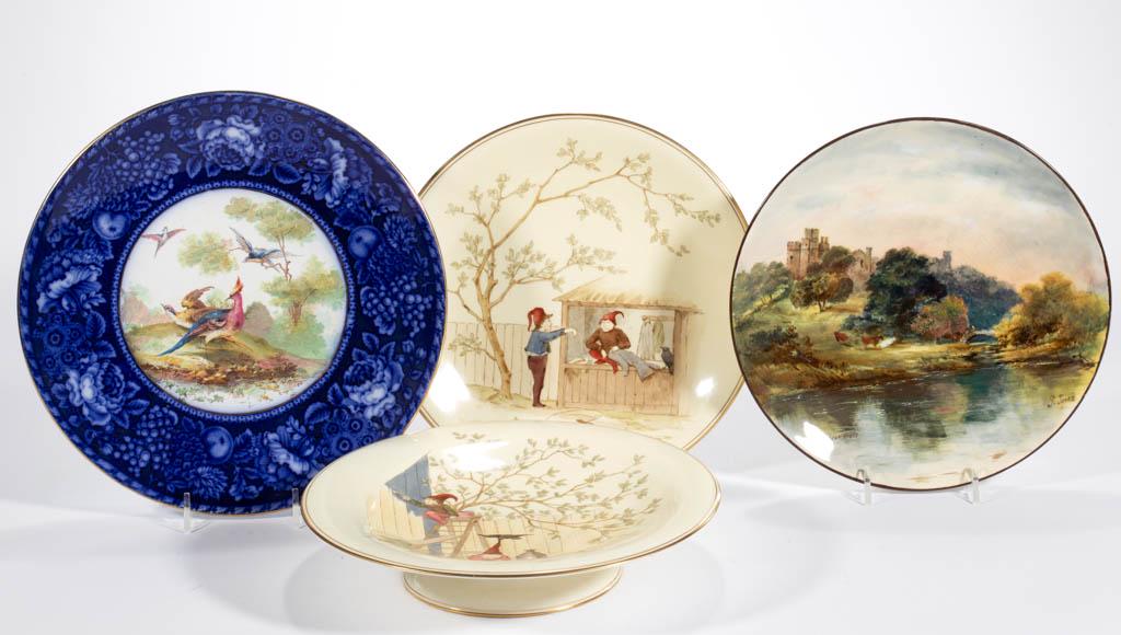 ENGLISH CERAMIC TABLE ARTICLES, LOT OF FOUR: ENGLISH CERAMIC TABLE ARTICLES, LOT OF FOUR, comprising a beautiful polychrome hand-painted plate featuring a landscape scene featuring a castle and cattle by water, titled "Haddon Hall" and signed "G