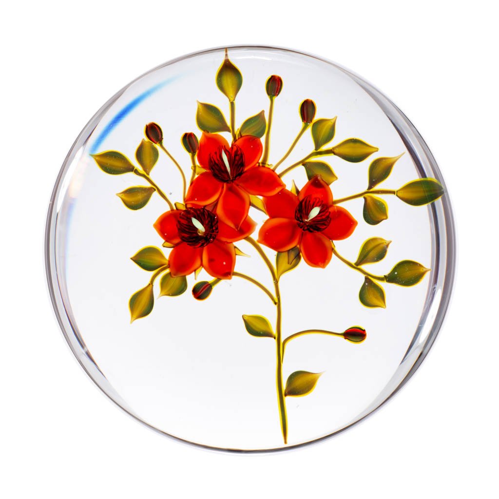 PAUL STANKARD FLORAL LAMPWORK STUDIO ART GLASS: PAUL STANKARD FLORAL LAMPWORK STUDIO ART GLASS PAPERWEIGHT, colorless, three ruby blooms with the flowers having five petals, six small buds, 21 green leaves and connected green stems, S-signature can