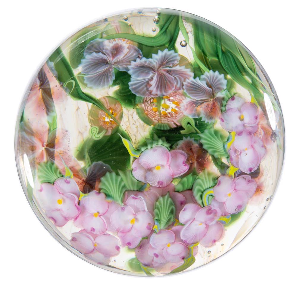 DANIEL SALAZAR / LUNDBERG STUDIOS MONET'S WATER GARDEN: DANIEL SALAZAR / LUNDBERG STUDIOS MONET'S WATER GARDEN LAMPWORK STUDIO ART GLASS MAGNUM PAPERWEIGHT, colorless, four layers of flowers including pink, translucent amethyst with white edges, and Clichy