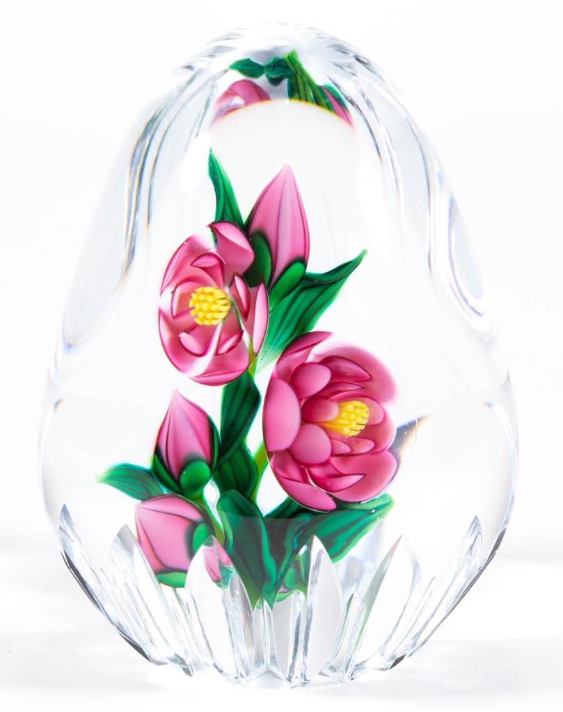 KEN ROSENFELD UPRIGHT FLORAL LAMPWORK STUDIO ART GLASS: KEN ROSENFELD UPRIGHT FLORAL LAMPWORK STUDIO ART GLASS PAPERWEIGHT, colorless, cut-fluted base, with three blooms with yellow stamens, three buds, and five leaves, signed to the base "KR 94", polished