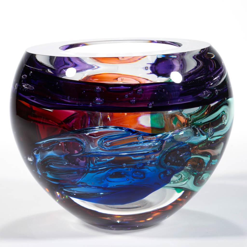 LEON APPLEBAUM STUDIO ART GLASS LAVA BOWL: LEON APPLEBAUM STUDIO ART GLASS LAVA BOWL, colorless with polychrome swirled decoration, polished rim and base, signed "Leon Applebaum". 21st century. 6" H, 6" D rim.Undamaged.Provenance: From the Ell