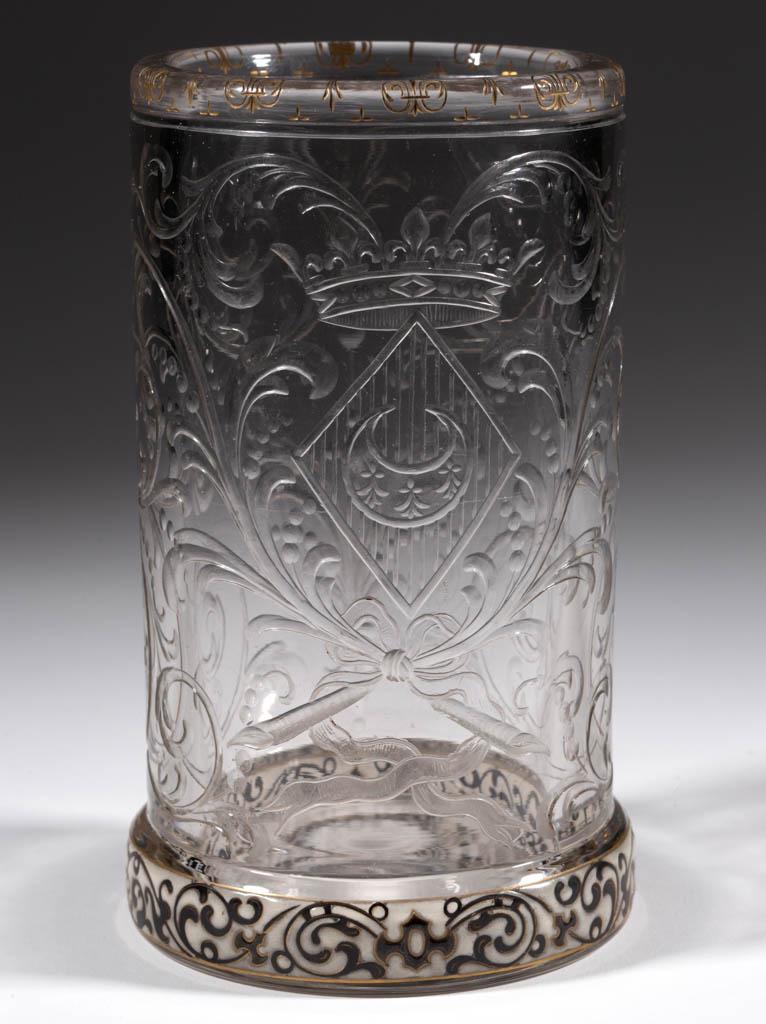 EMILE GALLE / ESCALIER DE CRISTAL ENGRAVED AND ENAMELED: EMILE GALLE / ESCALIER DE CRISTAL ENGRAVED AND ENAMELED ART GLASS CYLINDER VASE, colorless with white and black enamel decoration, engraved decoration depicting a crown with fleur-de-lis over a diamon