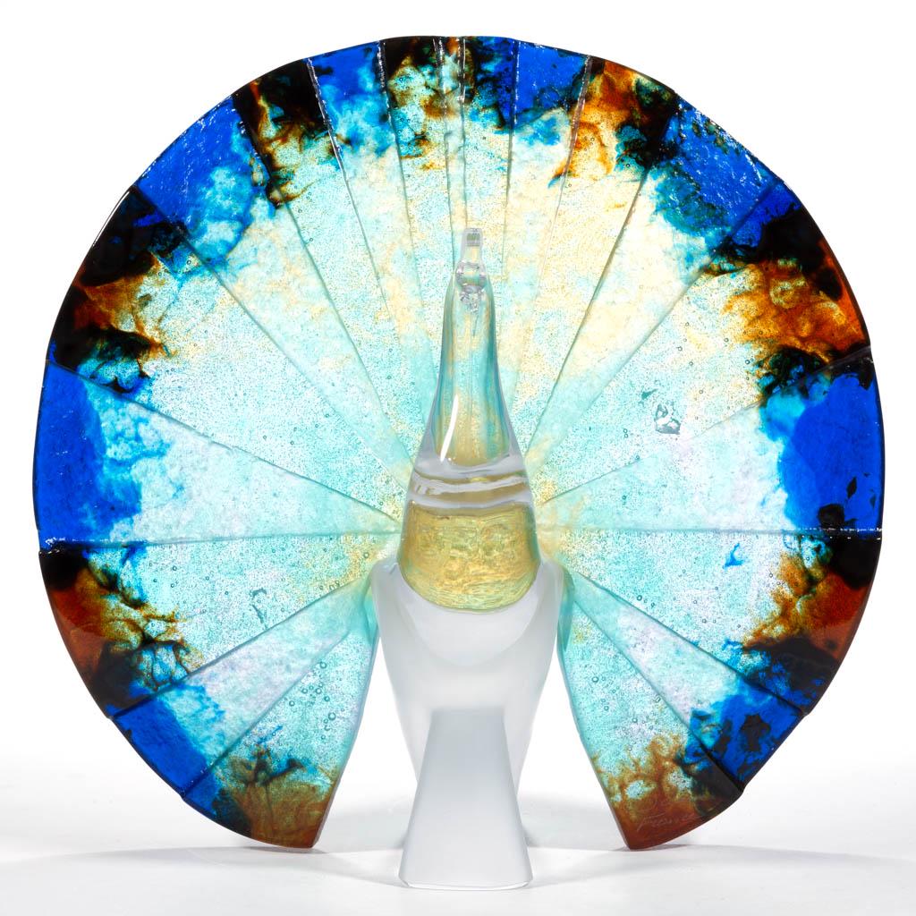 DAUM PEACOCK PATE-DE-VERRE ART GLASS SCULPTURE / FIGURE: DAUM PEACOCK PATE-DE-VERRE ART GLASS SCULPTURE / FIGURE, frosted and colorless body with a polychrome fan, large panelled fan over tall peacock, frosted body and colorless neck and head with a frosted