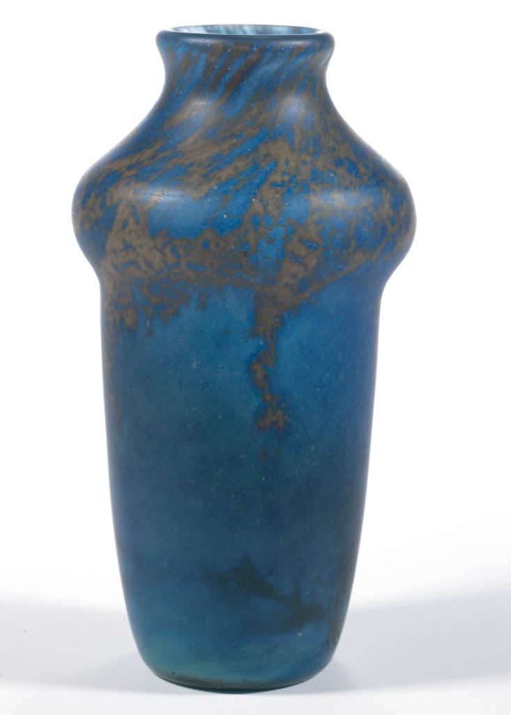DAUM MOTTLED ART GLASS VASE: DAUM MOTTLED ART GLASS VASE, blue and silver mottling, urn-form base with a bulged shoulder, signed "DAUM NANCY" with the cross of Lorraine, factory-polished base. France. First quarter 20th century.