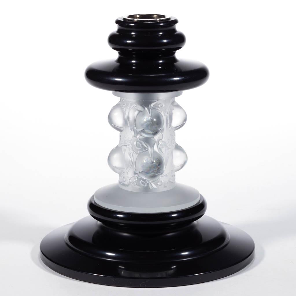 LALIQUE THORNS ART GLASS CANDLE HOLDER: LALIQUE THORNS ART GLASS CANDLE HOLDER, frosted colorless and black, complex double-knop socket with metal insert, raised on a figural thorn and berries stem with signature at the base stating "Laliqu