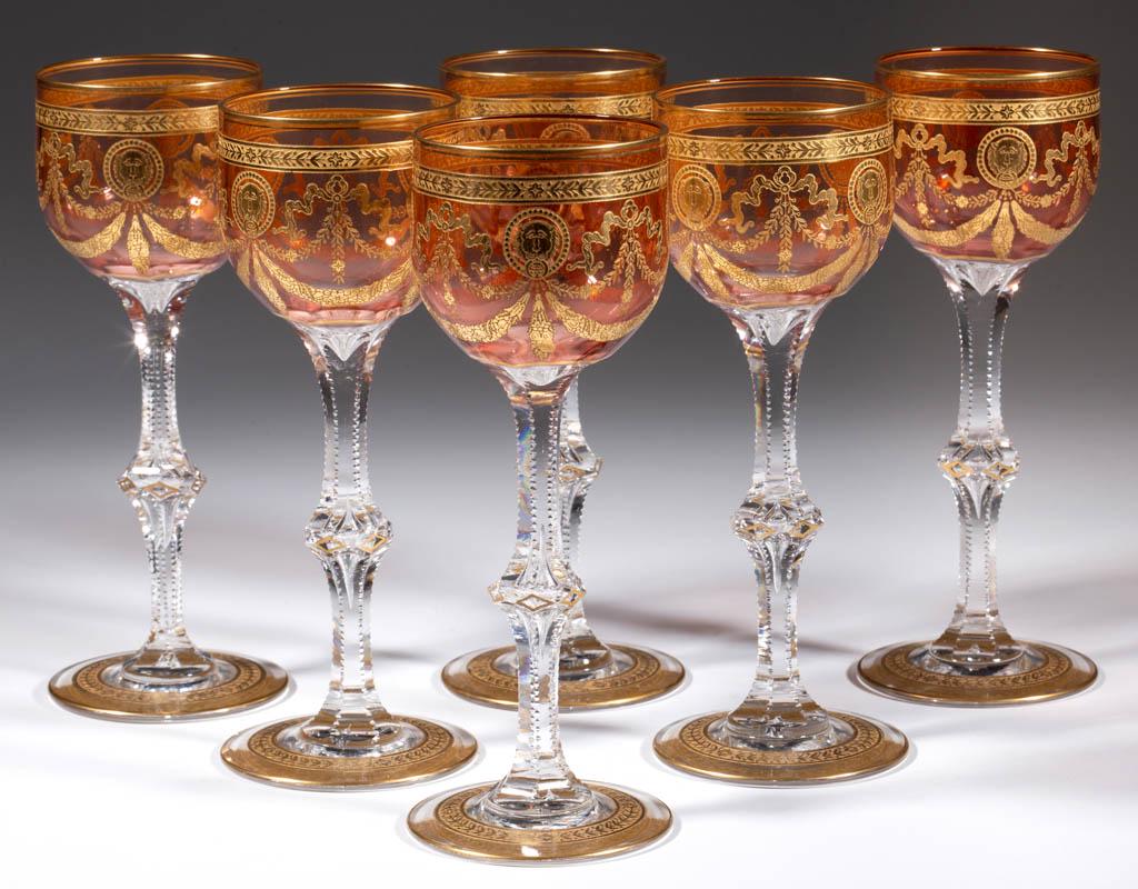 ST. LOUIS GOLD HOCK CONGRESS PATTERN WINES, LOT OF SIX: ST. LOUIS GOLD HOCK CONGRESS PATTERN WINES, LOT OF SIX, peach and colorless, peach bowls with lion and drapery decoration, cut and zippered stems, circular feet with gilt bands. France. Late 19th/firs
