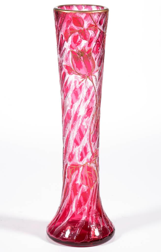 FRENCH ACID-ETCHED / CAMEO ART GLASS VASE: FRENCH ACID-ETCHED / CAMEO ART GLASS VASE, rose red to colorless with gilt decoration, tapered form with flared base, pattern featuring single rose with thorny stems and leaves, polished pontil mark,