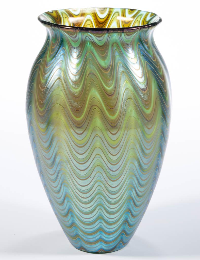 LOETZ PHANOMEN 6893 ART GLASS VASE: LOETZ PHANOMEN 6893 ART GLASS VASE, pale blue/green ground with opal/amber decoration making the vase appear green, urn form, signed "Loetz/Austria", polished pontil mark. Bohemia, now Czech Republic.