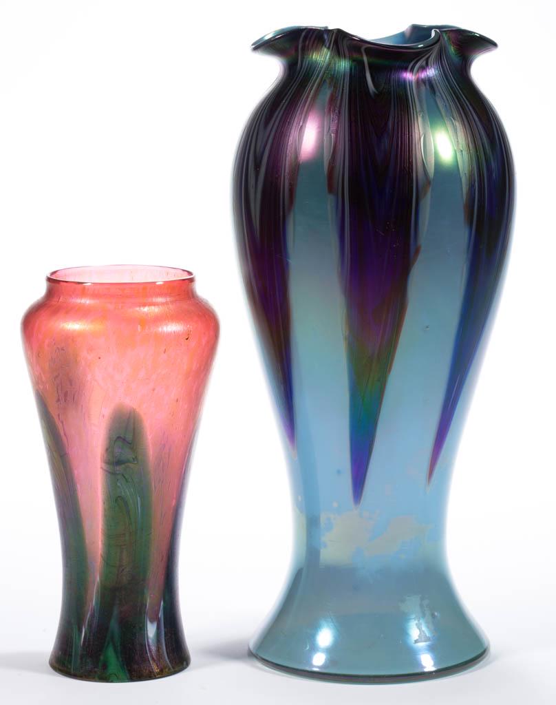 RINDSKOPF PULLED IRIDESCENT ART GLASS VASES, LOT OF TWO: RINDSKOPF PULLED IRIDESCENT ART GLASS VASES, LOT OF TWO, comprising a sky blue with amethyst and opal decoration, and a red with polychrome decoration, polished pontil marks. Bohemia, now Czech Republ