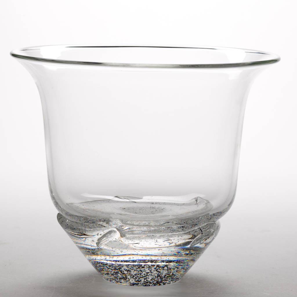 STEUBEN OCEANA ART GLASS BOWL: STEUBEN OCEANA ART GLASS BOWL, colorless, bell form with an applied base with overall interior air bubbles, factory-polished base and signed "Steuben" to the underside. Steuben Glass Works. 20th centu